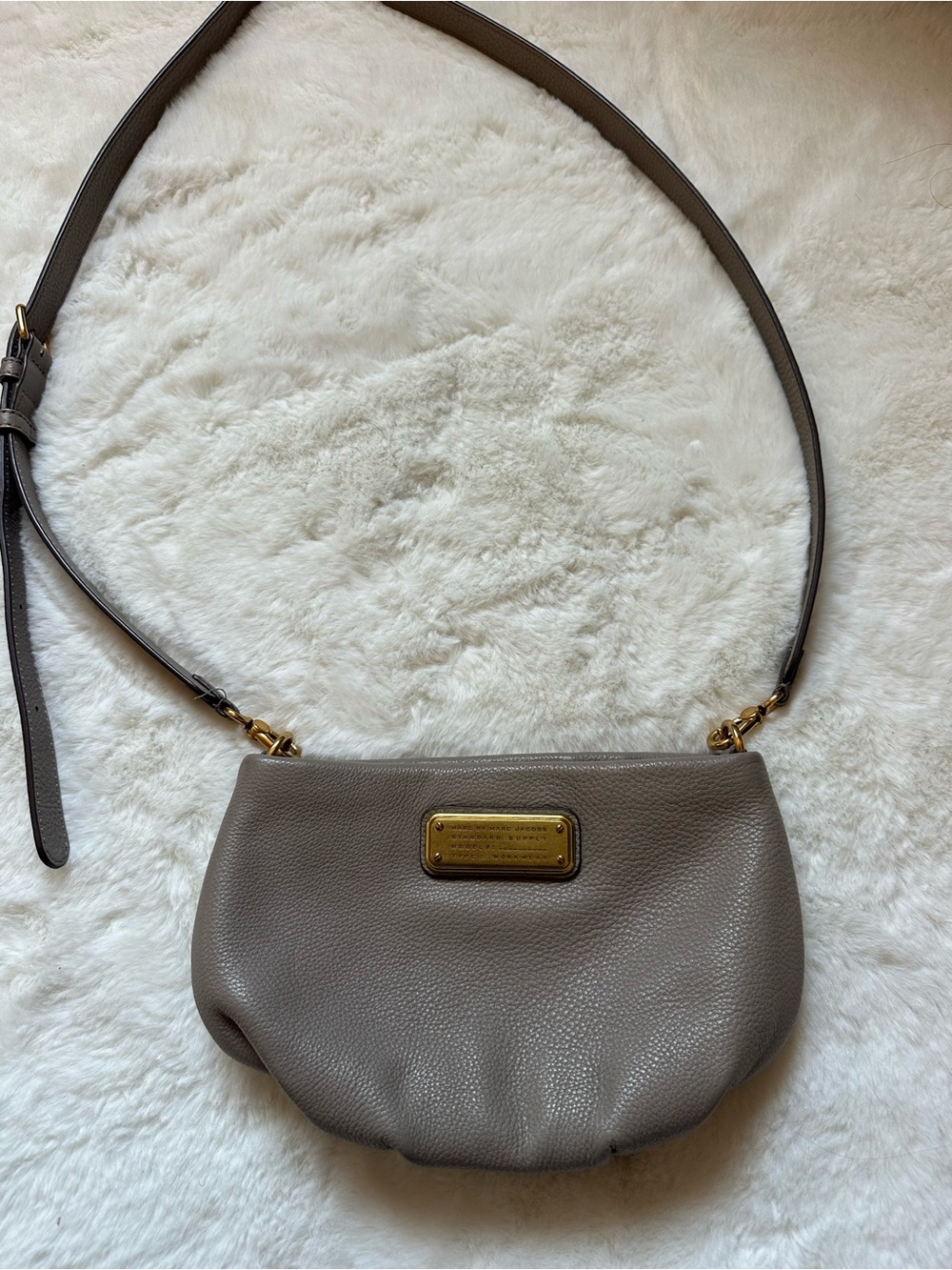 Marc by Marc Jacobs Taupe Pebbled Leather Crossbody with Gold Plaque Accent